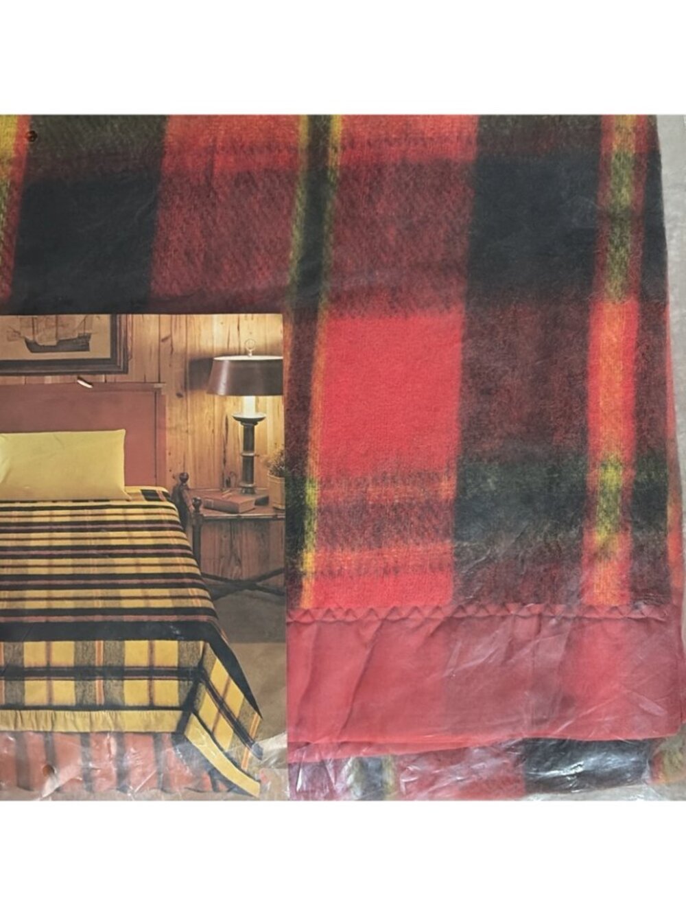 MCM 60s Beacon Plaid Blanket Twin Full 72" x 90" Red New Old Stock Vintage - Picture 2 of 7